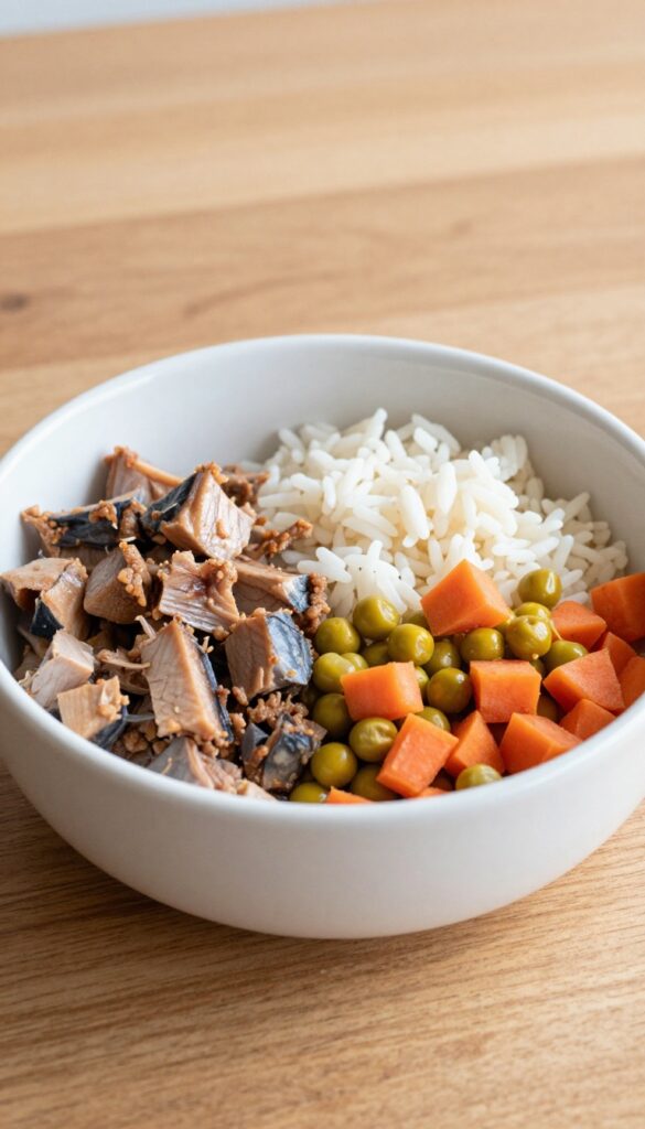 A bowl of homemade tuna and rice dog food with peas and carrots, shown in a bright, natural setting to illustrate a dog treat recipe.
