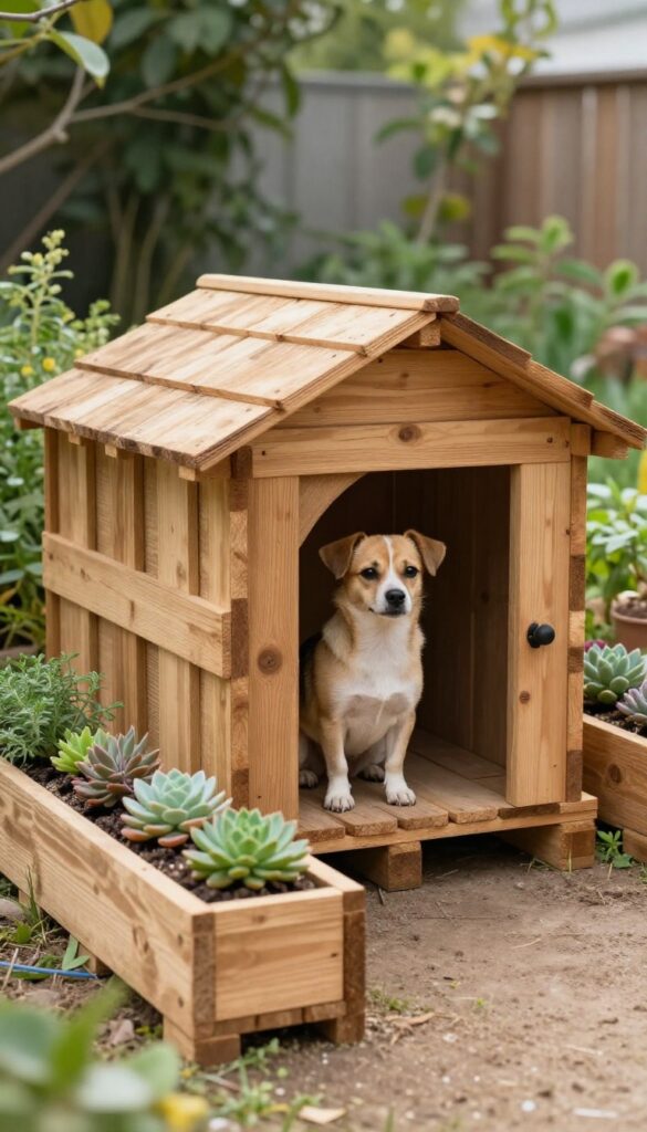 Rustic pallet dog house with built-in planter boxes and succulents, small dog sitting beside it in a sunny garden