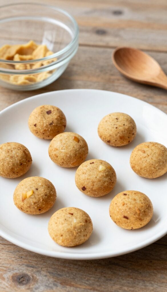 Homemade apple cinnamon sourdough training bites for dogs, small golden-brown treats on a white plate with a wooden spoon and bowl, no text or labels.