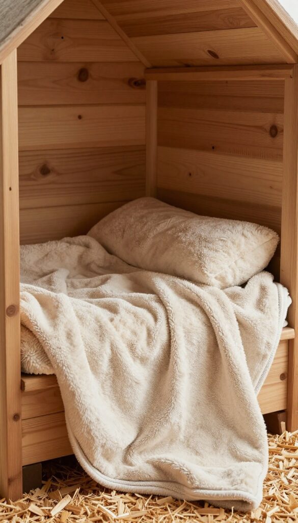 Cozy dog house interior with soft bedding and natural light