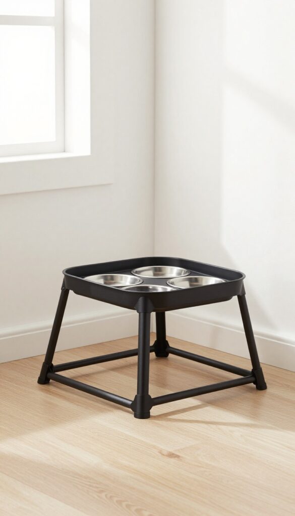 A black foldable dog feeding stand with collapsible bowls in a bright room, showcasing its portable and practical design for travel and small spaces.