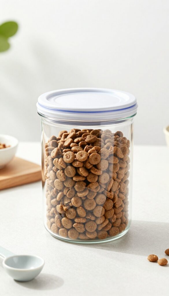 A modern vacuum-sealed canister filled with dog food on a kitchen counter, showcasing airtight storage for freshness in bright natural light.