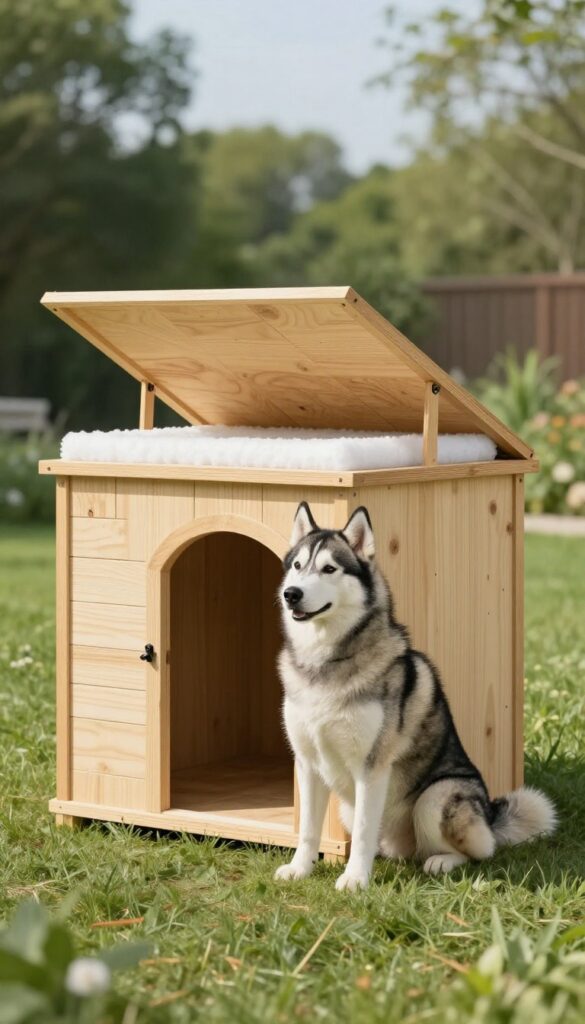 Double-wall insulated dog house with air gap and foam insulation in a sunny backyard, a Husky dog beside it.