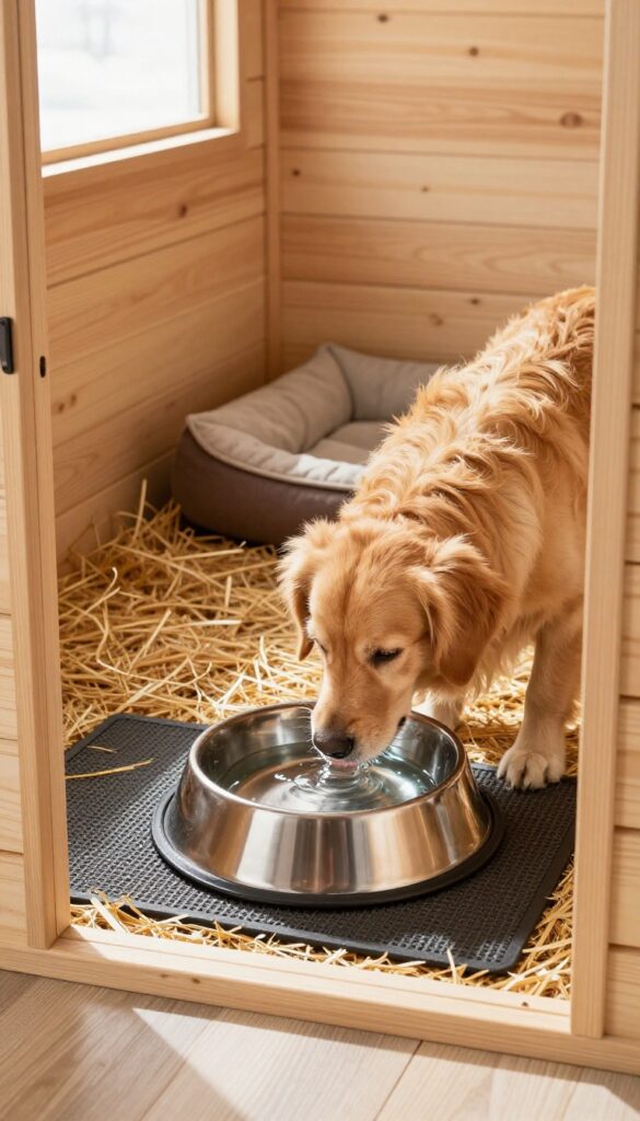 Heated water bowl inside a dog house providing warmth and water for a dog in winter.
