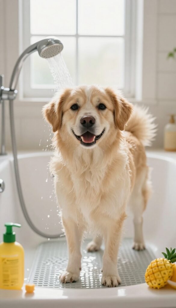 A calm dog enjoying bath time in a bright bathroom with natural light, standing on a non-slip mat under gentle water flow from a showerhead, with dog-safe shampoo and treats visible nearby.