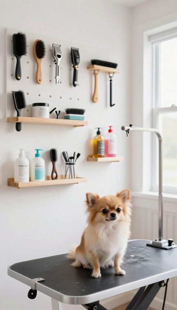 A photorealistic image showing a well-organized small dog grooming area with wall-mounted storage tools and a calm small dog in a bright room.
