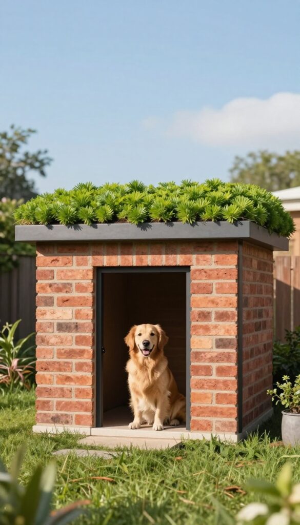 Modern brick dog house with flat green roof and golden retriever in sunny backyard