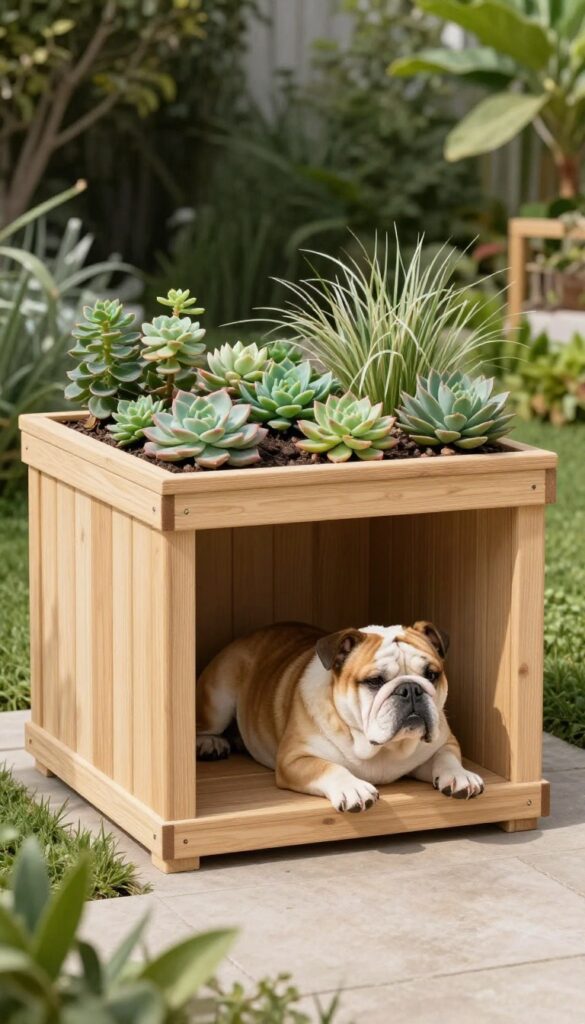 Flat roof dog house with integrated planter and succulents, modern design, bulldog lounging in shade.