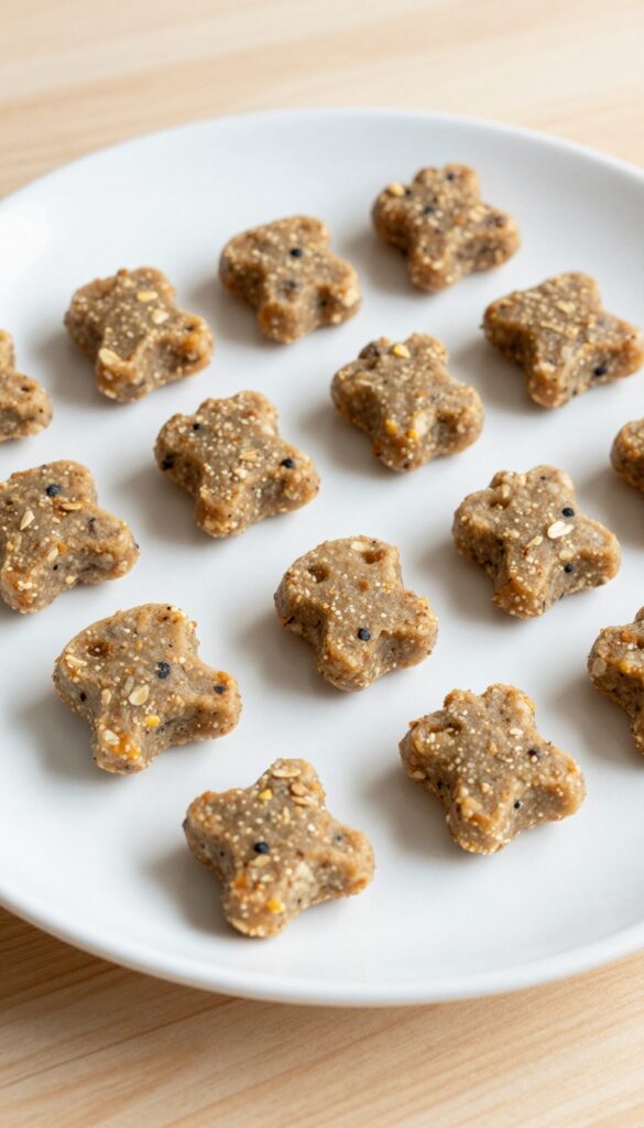 Homemade tuna training treats for dogs, small soft pieces on a plain plate, ideal for rewards during training sessions.