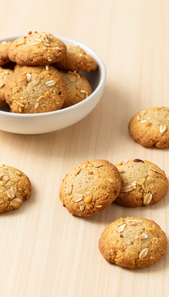 Homemade crunchy peanut butter oat biscuits for dogs, displayed on a wooden surface with natural lighting.