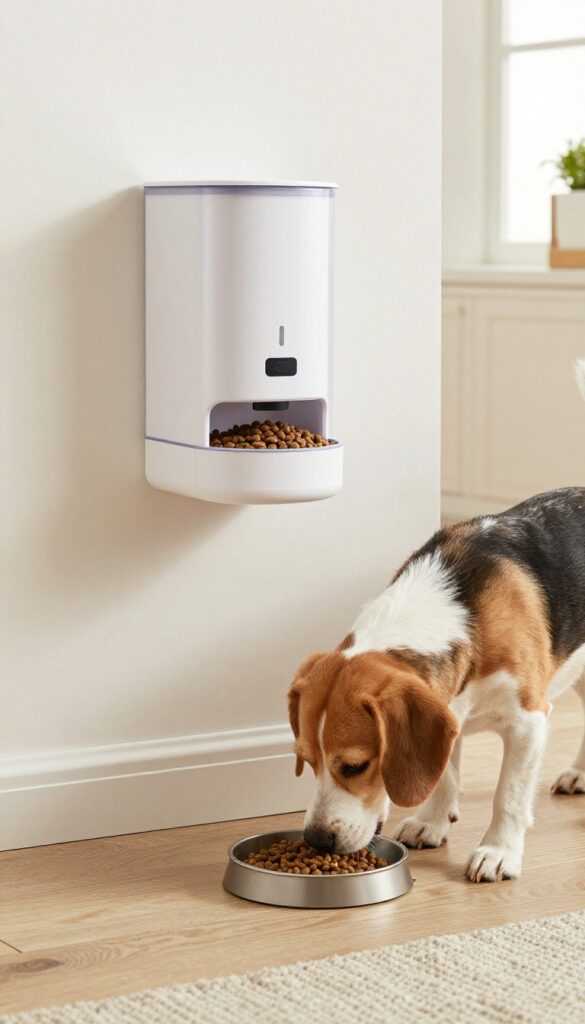 A dog eating from a bowl with a wall-mounted gravity food dispenser in a bright, tidy apartment setting.