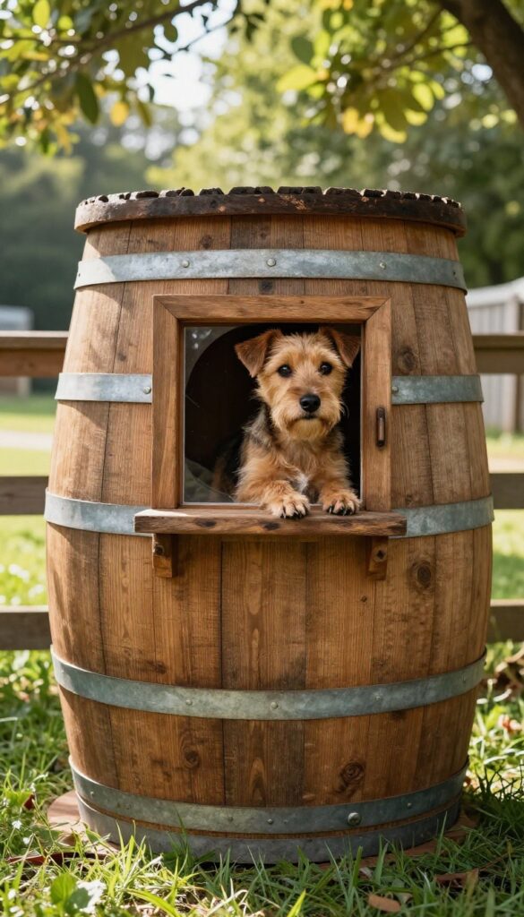 Rustic barrel dog house with a viewing window, a curious terrier looking out through the clear pane in a sunny backyard.