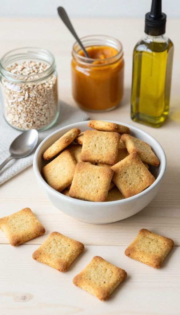 Homemade chickpea pumpkin crunch biscuits for dogs, arranged on a wooden surface with ingredients like chickpea flour and pumpkin puree, showcasing a firm, crunchy texture in a bright, natural setting.