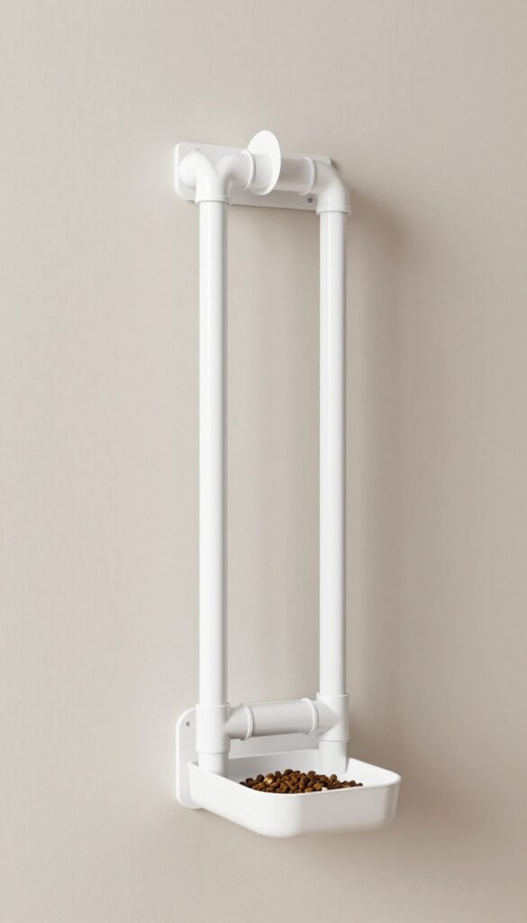A minimalist wall-mounted dog food dispenser made from white PVC pipes in a clean, bright room.