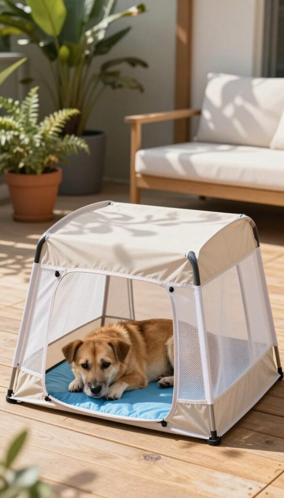 Dog relaxing in a portable pop-up canopy dog house with mesh sides on a modern patio
