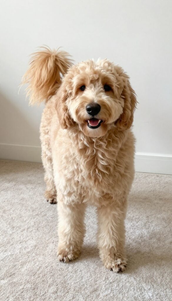 A Goldendoodle with a fluffy tail pom-pom in bright natural light, illustrating a classic and low-maintenance haircut for dog blogs.