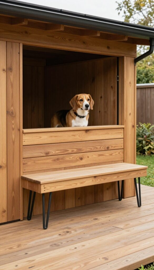 A built-in bench with a dog house underneath in a mid-century modern style