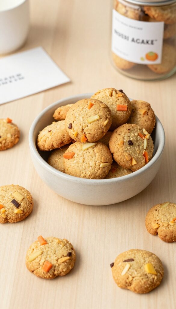 Homemade carrot apple crunch dog treats, golden-brown biscuits with grated vegetables, arranged on a wooden surface.