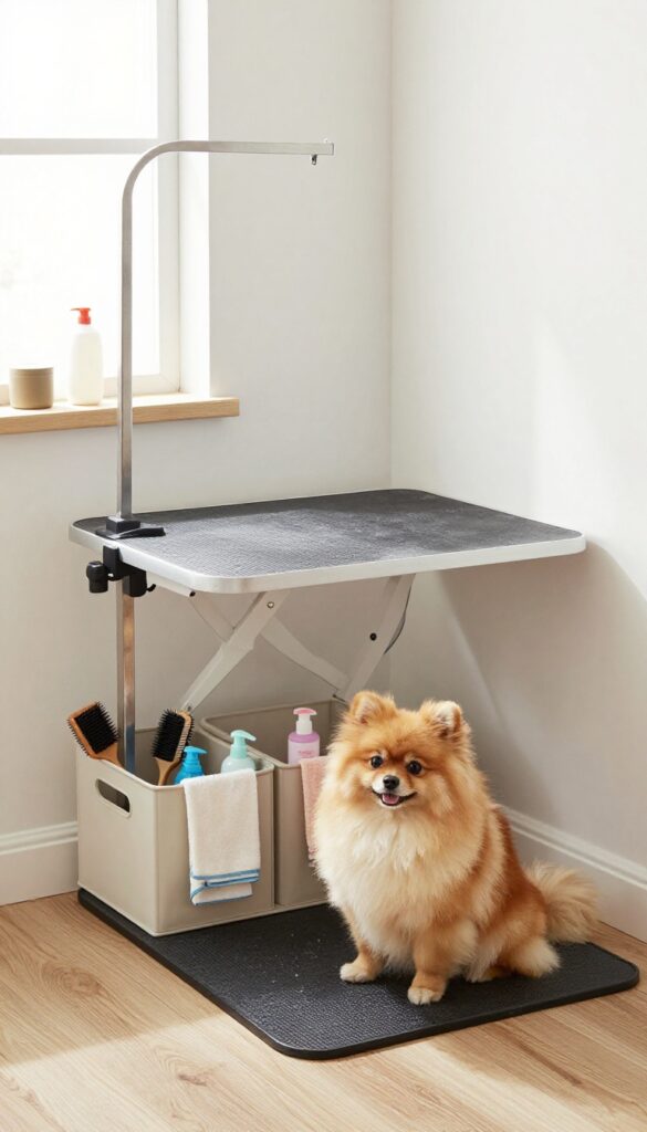 A compact dog grooming station in an apartment corner, featuring a foldable table with storage bins and a non-slip mat where a long-haired dog sits calmly during grooming.