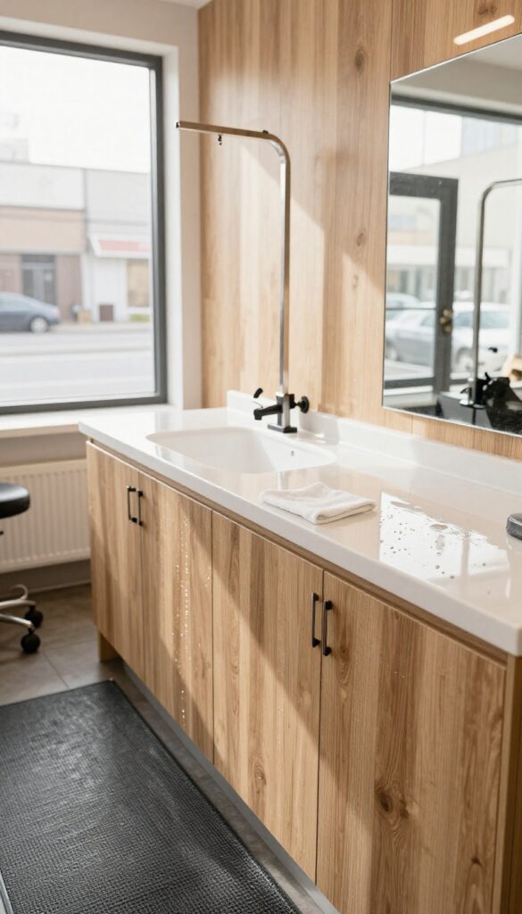 A photorealistic image of a dog grooming salon featuring waterproof vinyl countertops and sealed wood walls for easy cleaning, with natural light and minimal mess to illustrate efficient cleanup.