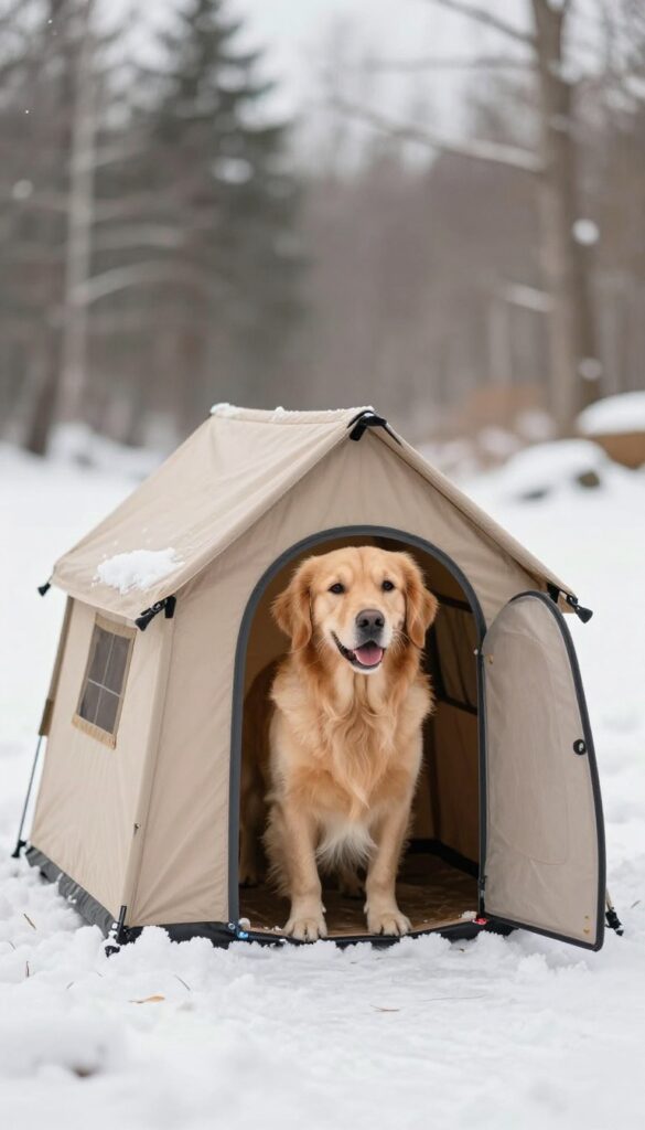 Portable heated dog house in snowy campsite with dog peeking out