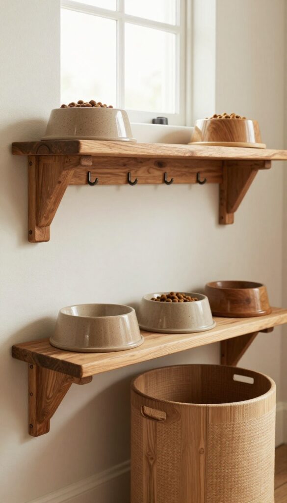 A rustic wall-mounted dog feeding station with bowls and storage, set in a bright kitchen to save floor space.