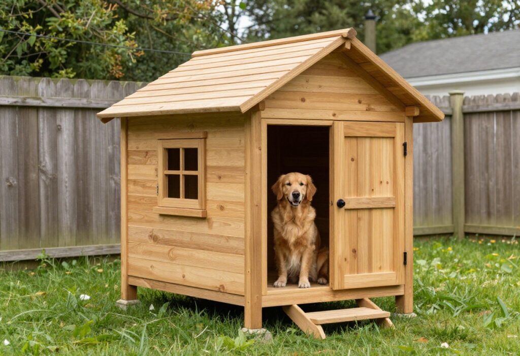 Large custom wooden dog house in a sunny backyard with a Golden Retriever sitting beside it