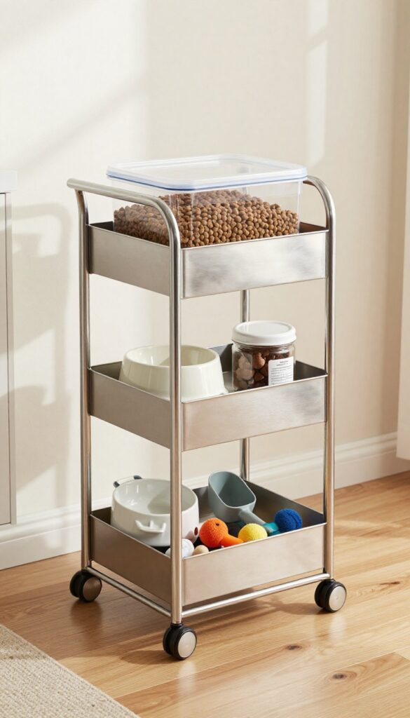 A rolling cart used for dog food storage in a kitchen, showing organized kibble, bowls, and accessories on shelves with bright natural lighting.