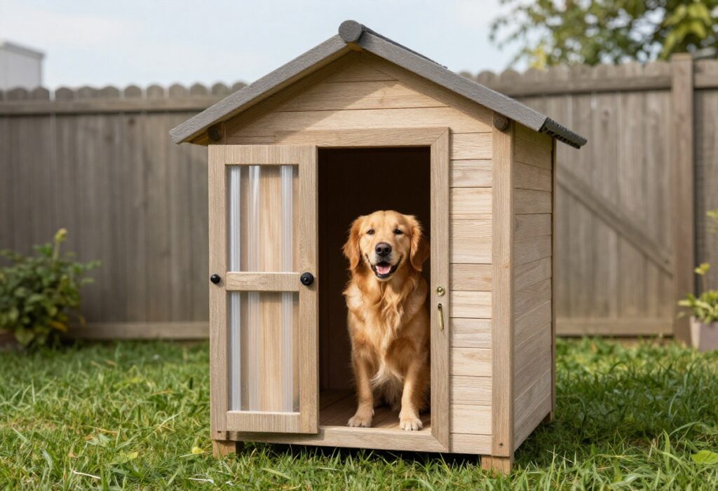 Golden retriever peeking out of a dog house with a clear vinyl strip door in a sunny backyard
