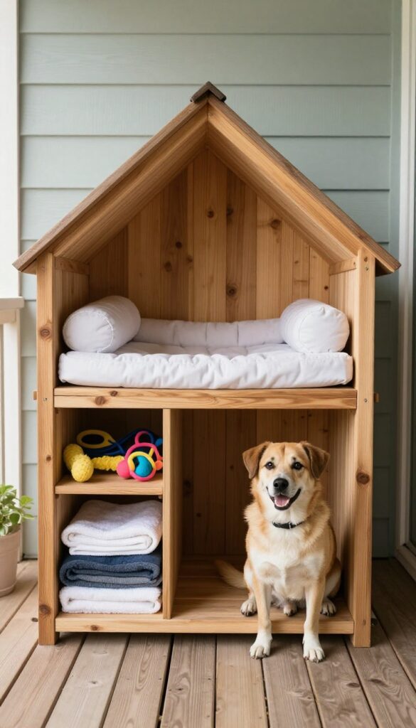 Bench-style dog house with hidden storage on a porch, showing lifted seat revealing organized outdoor gear