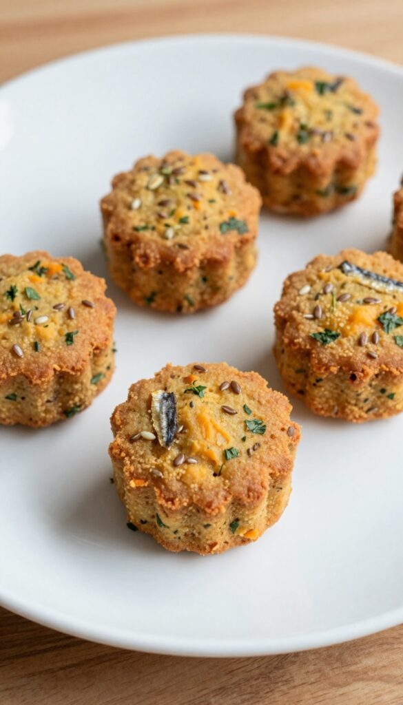 Homemade sardine and sweet potato mini cakes for dogs, arranged on a plain plate, showcasing soft, chewy texture with parsley and flaxseed specks in natural light.