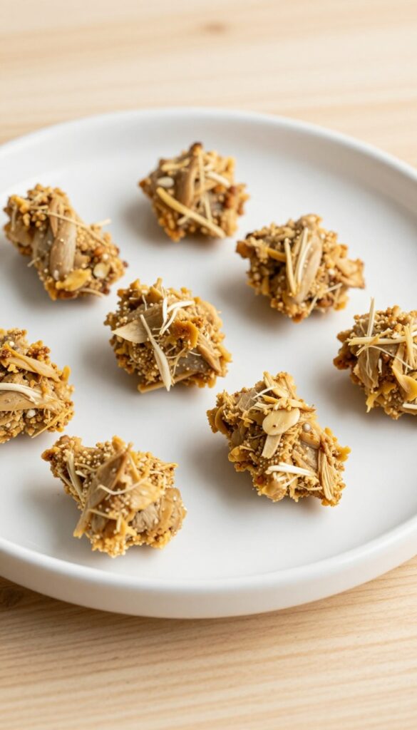 Homemade savory chicken and oat dog treats, small meaty balls on a plain plate, ideal for training and picky eaters, with no text or branding.