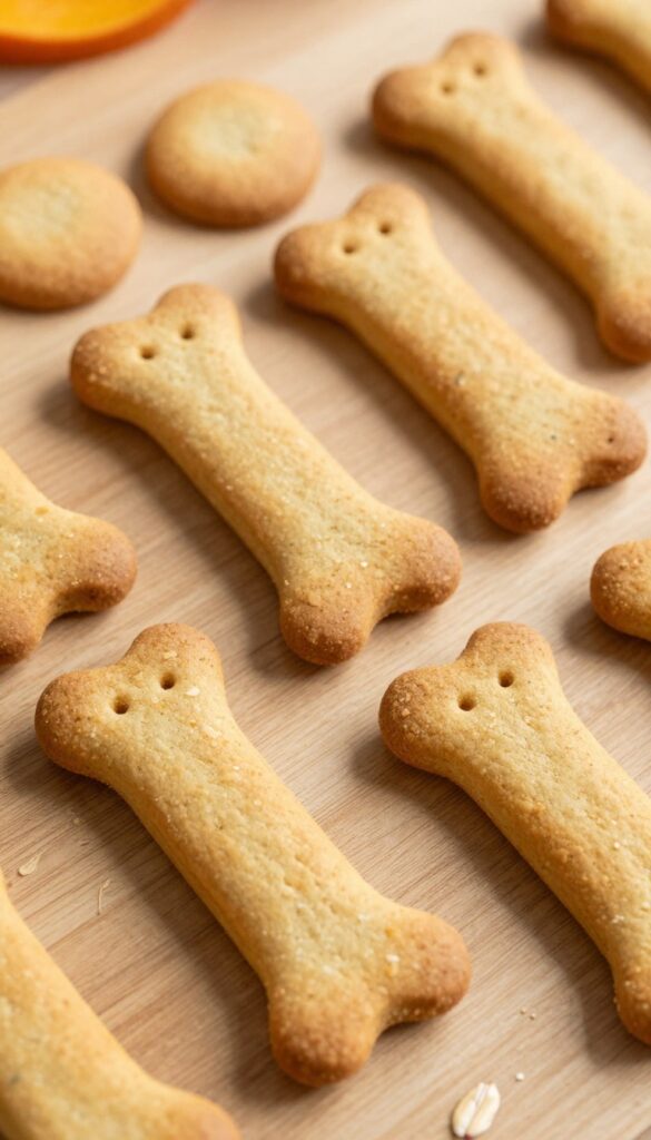 Homemade pumpkin oat digestive biscuits for dogs, arranged on a wooden surface in natural light.
