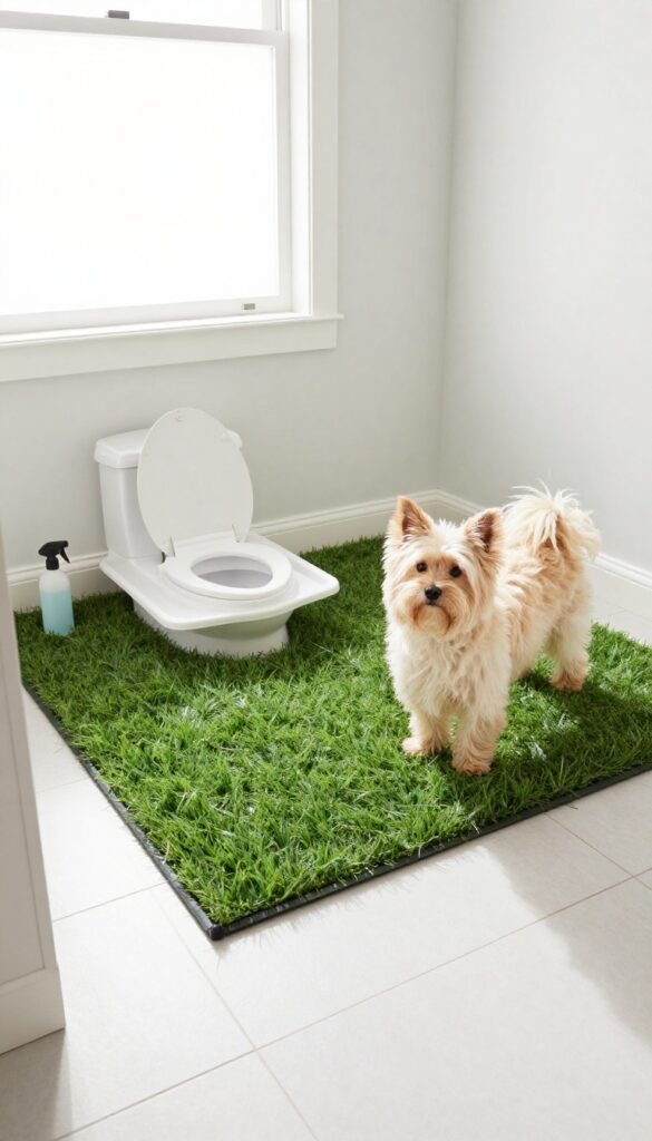 Small fluffy dog standing on an indoor potty patch in a clean mudroom