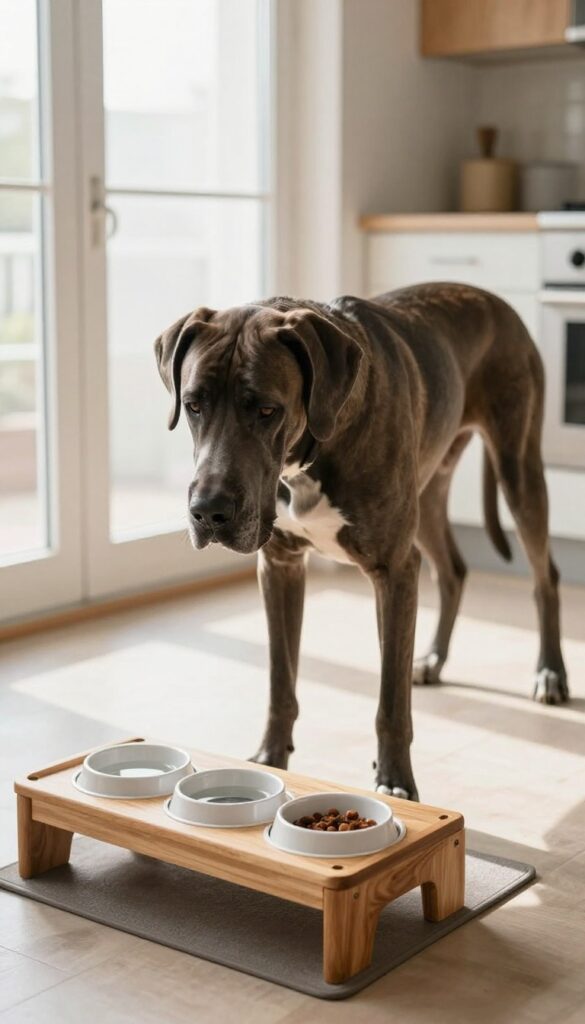 A large dog using an elevated feeding station with bowls to improve digestion and comfort during mealtime in a bright, clean kitchen setting.