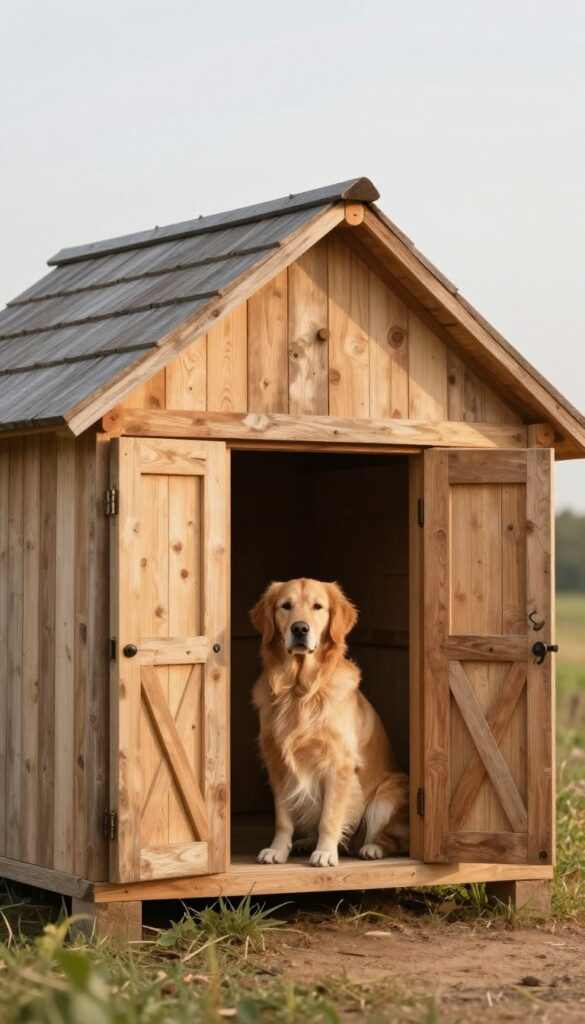 Rustic barn-style dog house with cupola and Dutch door in a sunny backyard, with a Golden Retriever nearby.