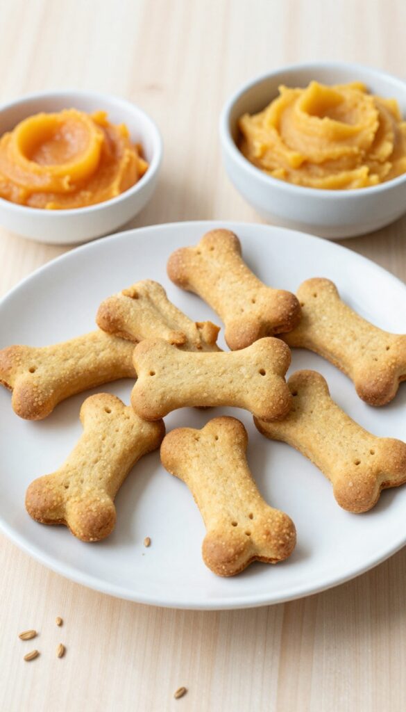Homemade crunchy sweet potato and apple dog biscuits on a plain plate with baking ingredients, showcasing golden-brown texture and natural light for a dog recipe blog.