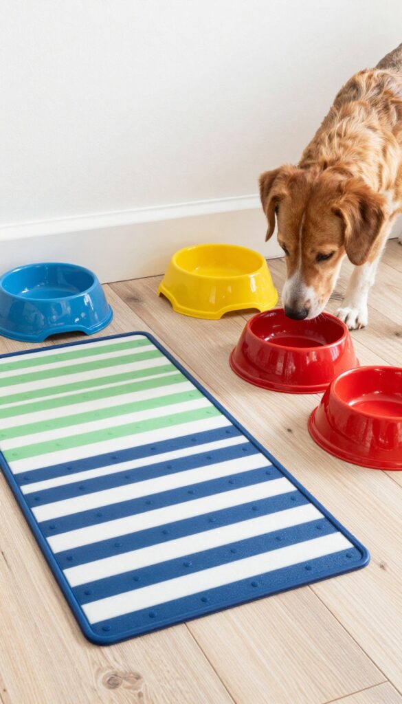 Colorful dog feeding station with bright bowls and mats in a clean, well-lit home setting for creative grooming ideas.