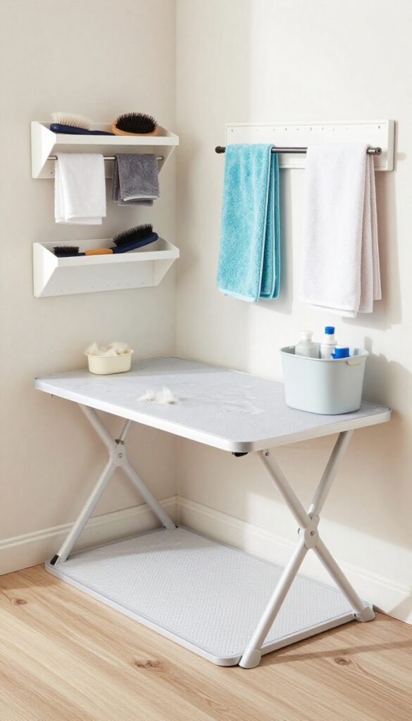 A compact apartment grooming corner with a foldable table and waterproof mat for a small dog, showing organized wall shelves with brushes and towels, stackable bins for supplies, and a fur disposal bin in bright natural light.