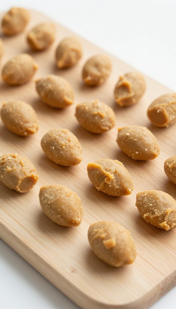 Homemade sweet potato and peanut butter training cubes for dogs, arranged on a wooden cutting board with a ceramic bowl, showcasing soft, golden-brown treats in a clean, natural setting.