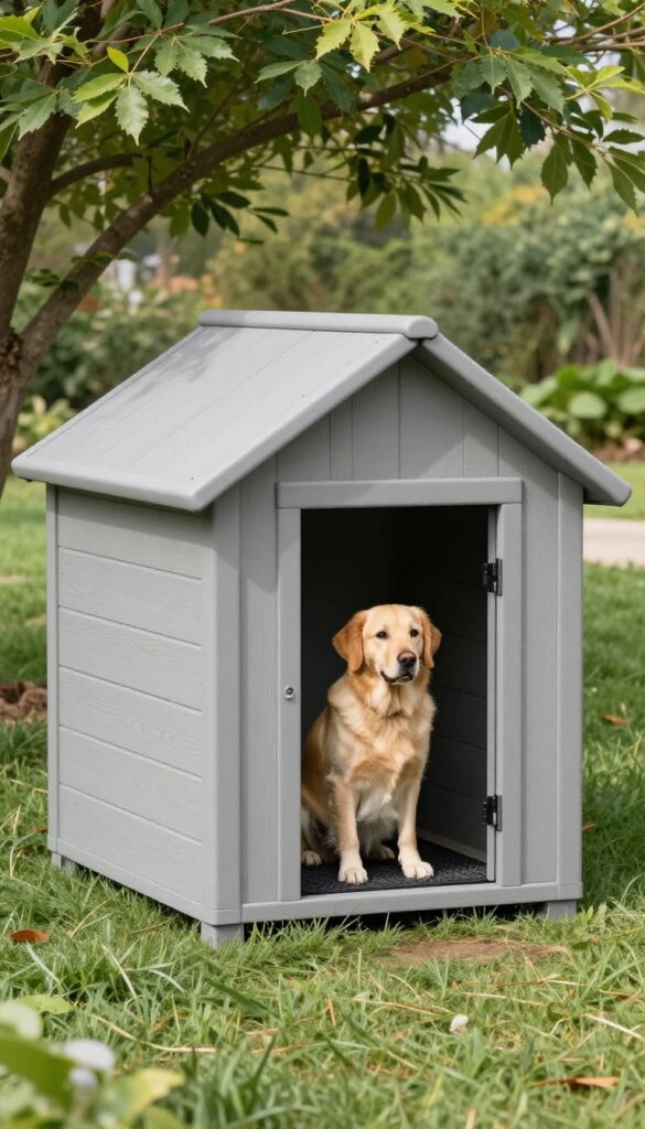 Eco-friendly dog house made from recycled materials in a sunny backyard with a large dog relaxing inside.