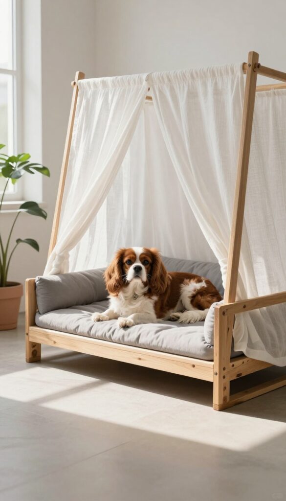 Pallet dog bed with white canopy roof in sunny corner, Cavalier King Charles Spaniel resting inside.