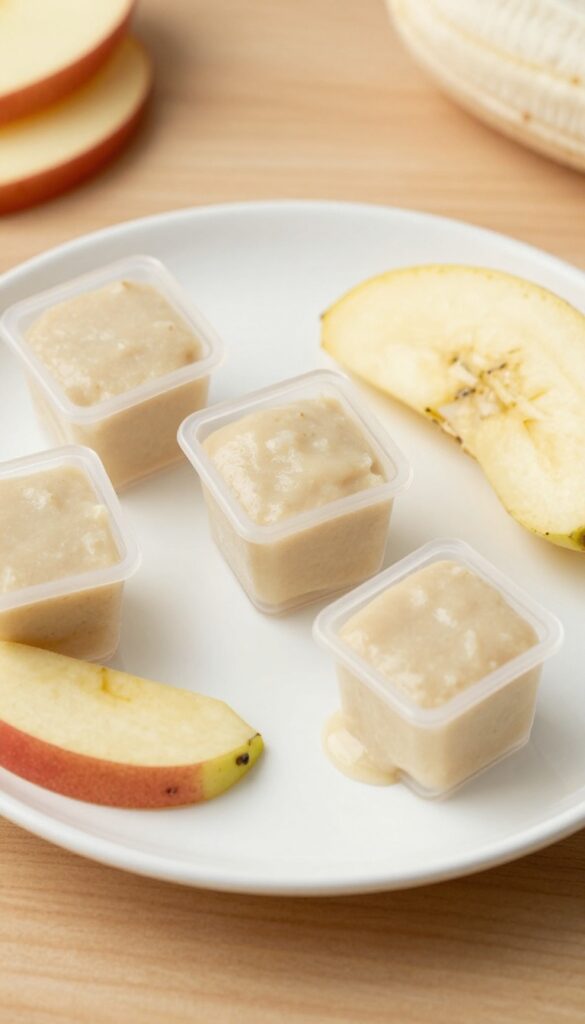 A close-up photo of apple cinnamon freezer cubes for dogs, showing silicone molds filled with the treat mixture and a few cubes removed, with fresh apple and banana on a plain plate, in bright natural light.