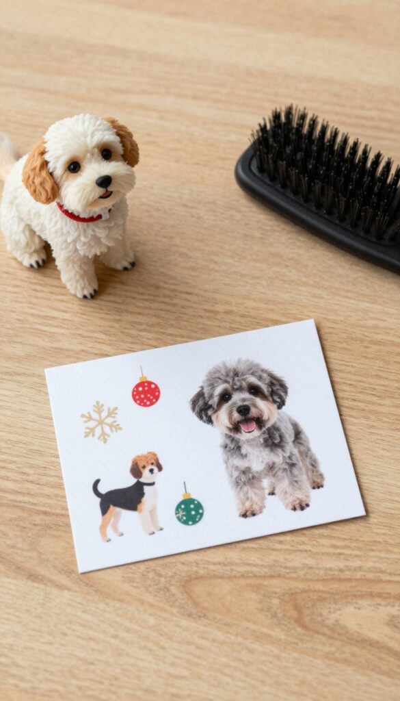 A festive dog grooming business card with seasonal graphics on a wooden surface, accompanied by grooming tools and a dog's paw, representing limited-edition holiday marketing for pet care services.