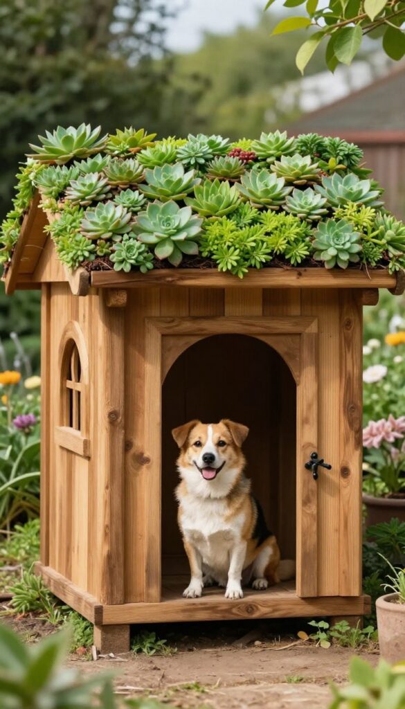 A wooden dog house with a green roof made of sedum in a sunny backyard.