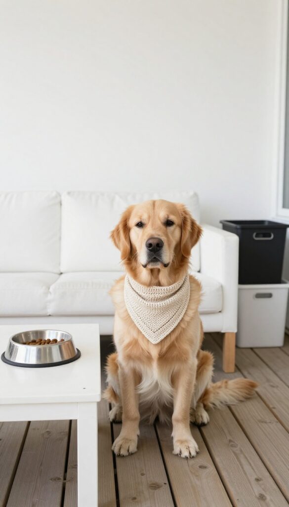 A dog modeling a handmade crochet bandana, highlighting the texture and craftsmanship in a bright, natural setting for a dog accessory blog.