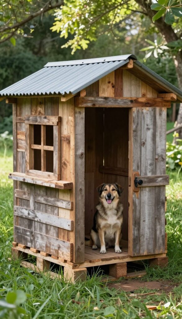 A rustic reclaimed wood dog house in a sunny backyard with a happy dog beside it.
