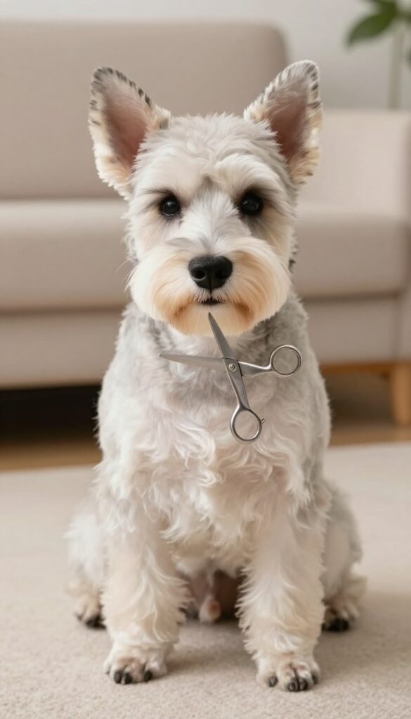 A Schnauzer receiving a gentle paw and ear trim in a bright, clean setting to prevent dirt buildup and infections, highlighting practical home grooming for dog comfort.