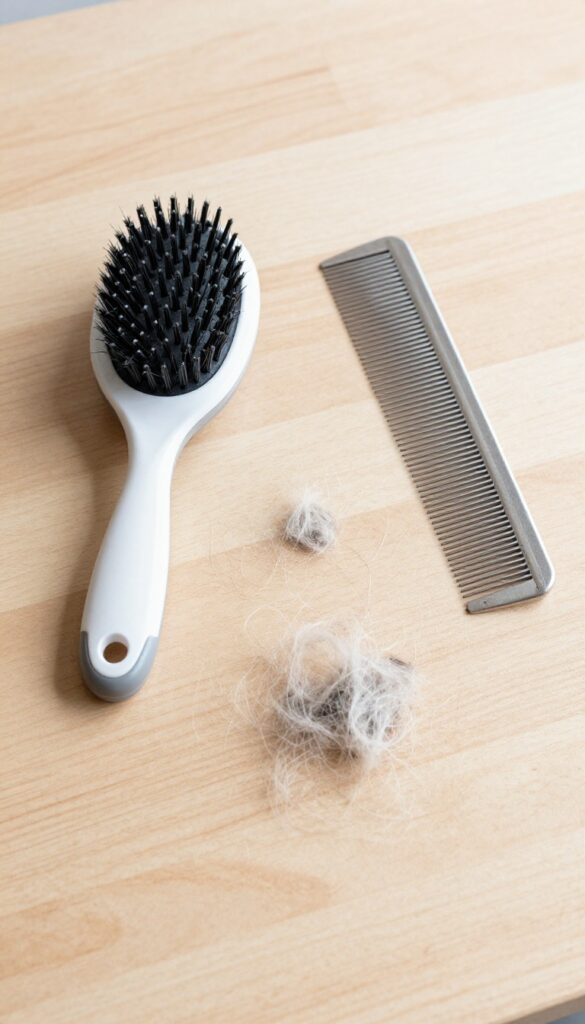 A slicker brush and metal comb for dog grooming, arranged on a wooden table with loose hair, illustrating a practical grooming combo for various coat types.