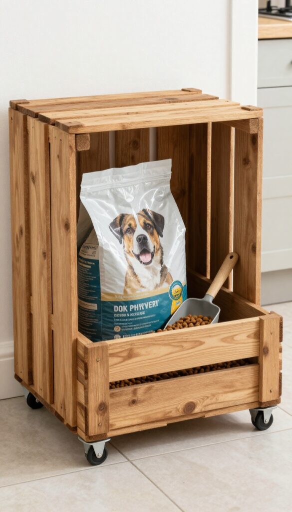 A rustic wooden crate on wheels repurposed as a mobile dog food storage station, holding a bag of kibble and a scoop, set in a bright, tidy kitchen or mudroom.